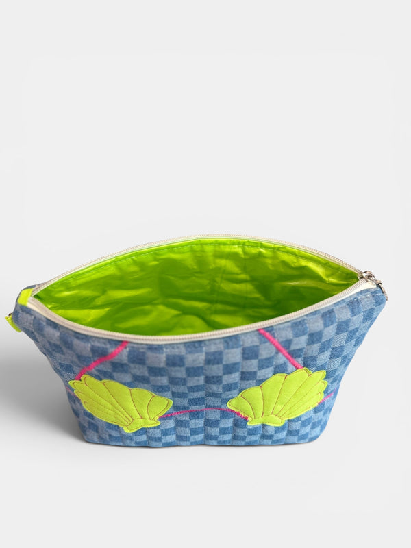 Clam Shell Bikini Bag on Checkerboard Denim with Glo Green