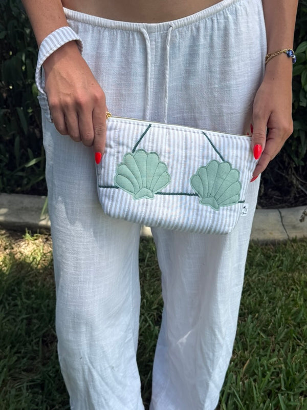 Clam Shell Bikini Bag on Natural & White with Mint