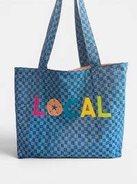 Large Quilted Tote w/ Fabric Appliquéd LOCAL on Checkerboard Denim