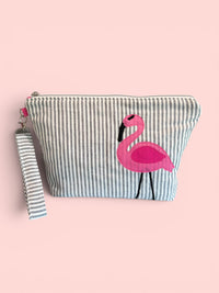 Flamingo Bikini Bag on Steel Blue Stripe