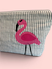 Flamingo Bikini Bag on Steel Blue Stripe
