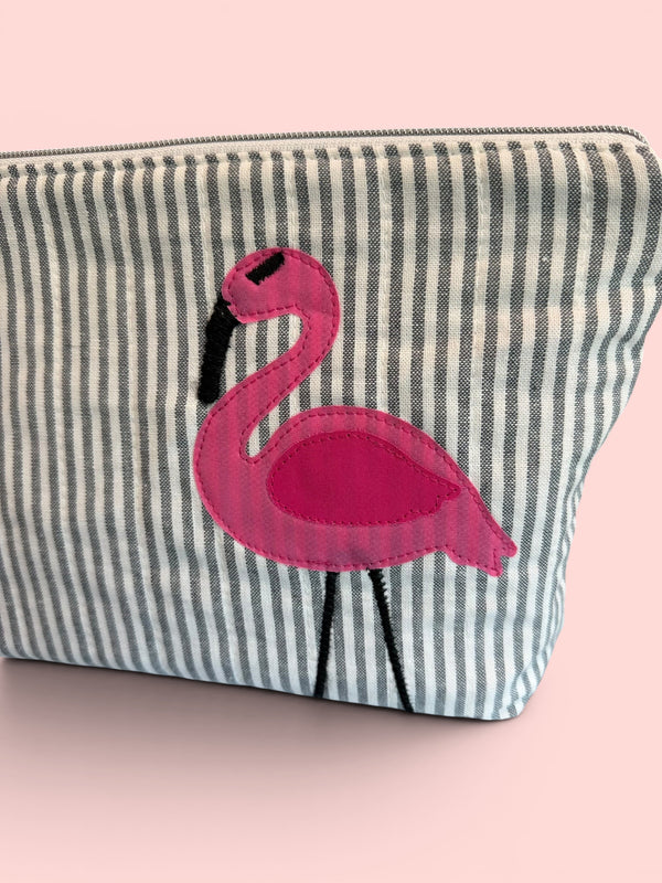Flamingo Bikini Bag on Steel Blue Stripe