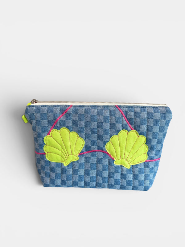 Clam Shell Bikini Bag on Checkerboard Denim with Glo Green