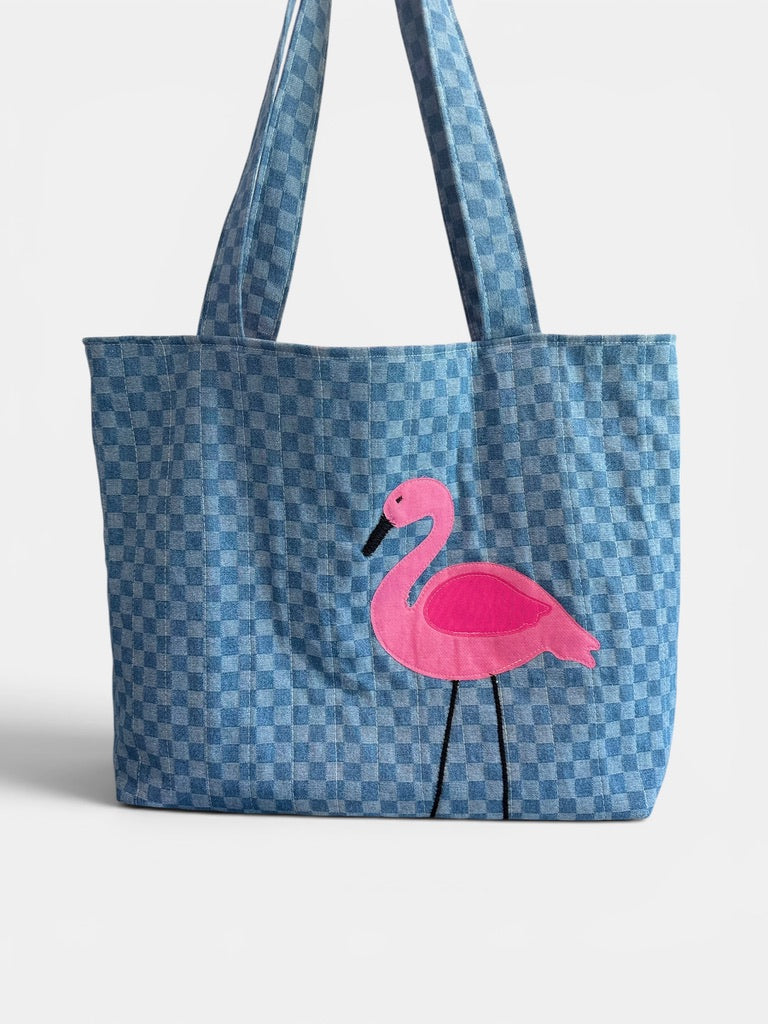 Large Quilted Tote w/ Fabric Appliquéd Flamingo on Checkerboard Denim