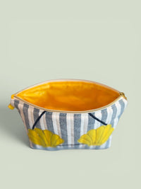 Clam Shell Bikini Bag on Navy Cabana Stripe in Yellow
