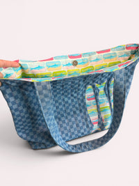 Large Quilted Tote w/ Fabric Appliquéd Sardines on Checkerboard Denim