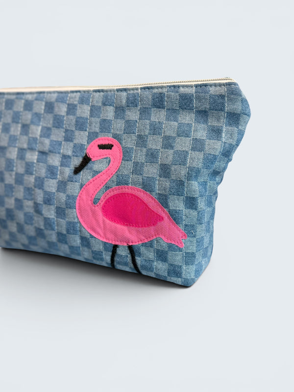 Flamingo Bikini Bag on Checkerboard Denim