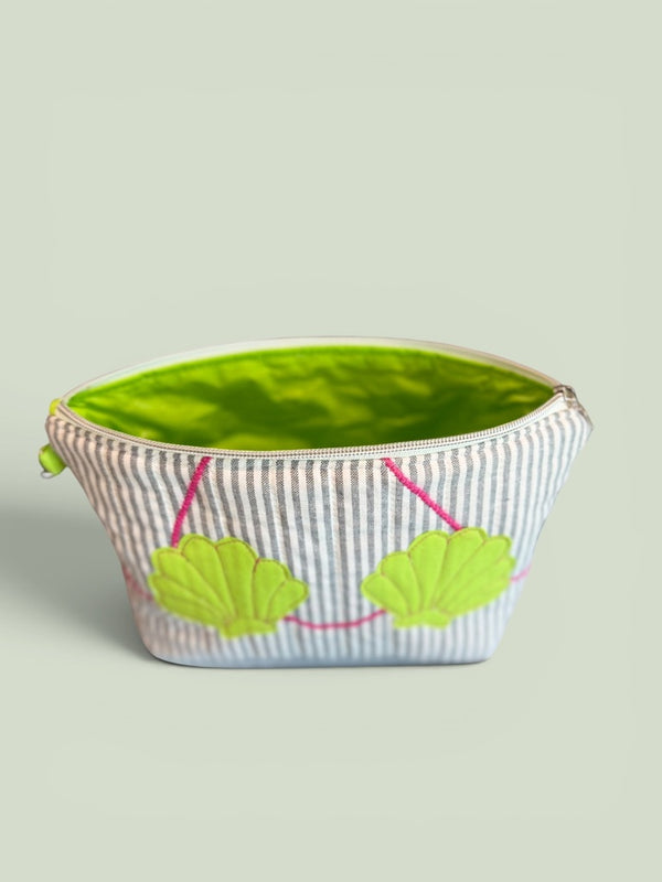 Clam Shell Bikini Bag on Steel Blue & White with Glo Green