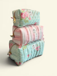 Quilted Dots N Roses and Pink Cabana Stripe Makeup Bag Gift Set