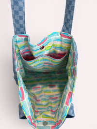 Large Quilted Tote w/ Fabric Appliquéd Sardines on Checkerboard Denim