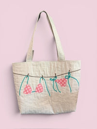 Large Quilted Tote w/ Fabric Appliquéd Bikini on Clothes Line on Natural & White Stripe