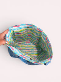 Large Quilted Tote w/ Fabric Appliquéd Sardines on Checkerboard Denim