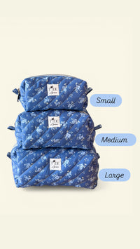 Quilted Blue Blossom Sprigs Makeup Bag