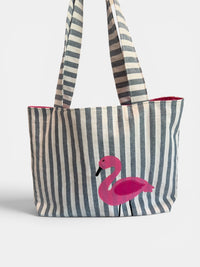 Large Quilted Tote w/ Fabric Appliquéd Flamingo on Navy Cabana Stripe