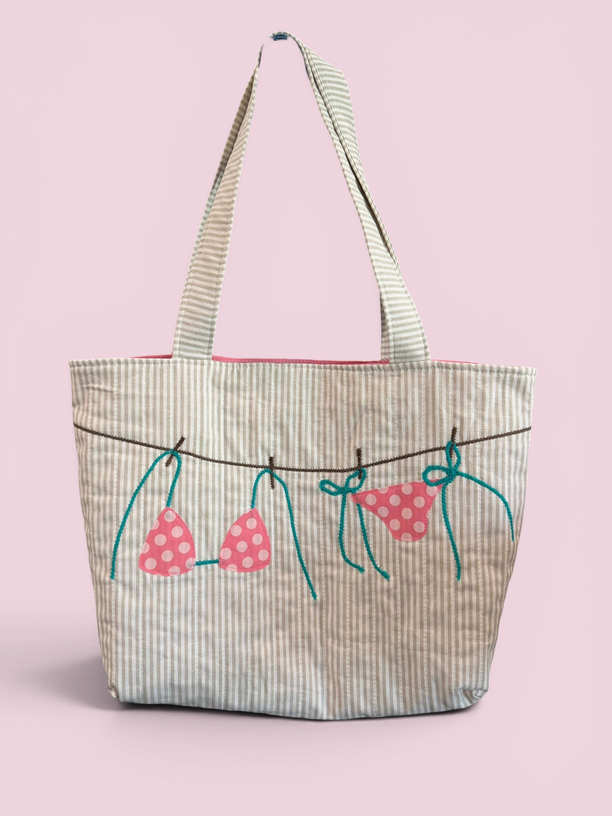 Large Quilted Tote w/ Fabric Appliquéd Bikini on Clothes Line on Natural & White Stripe