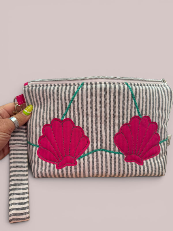 Clam Shell Bikini Bag on Steel Blue & White with Hot Pink