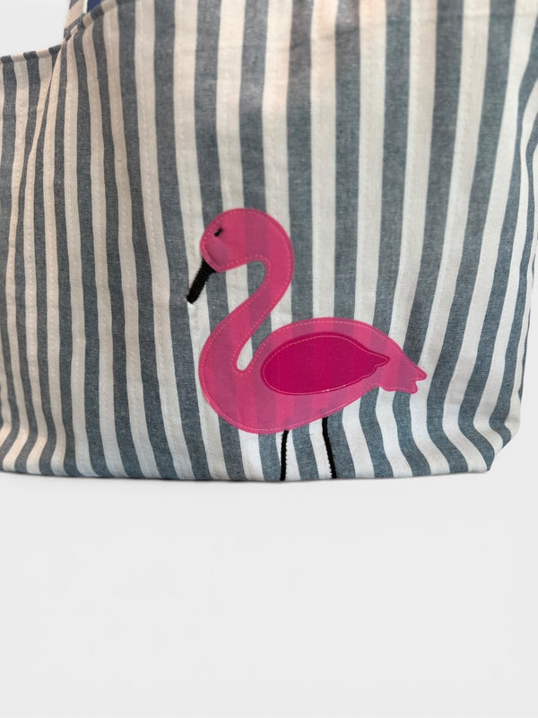 Large Quilted Tote w/ Fabric Appliquéd Flamingo on Navy Cabana Stripe