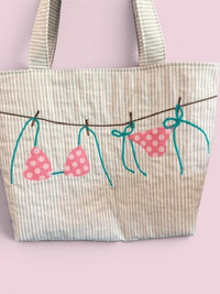 Large Quilted Tote w/ Fabric Appliquéd Bikini on Clothes Line on Natural & White Stripe