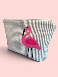 Flamingo Bikini Bag on Steel Blue Stripe