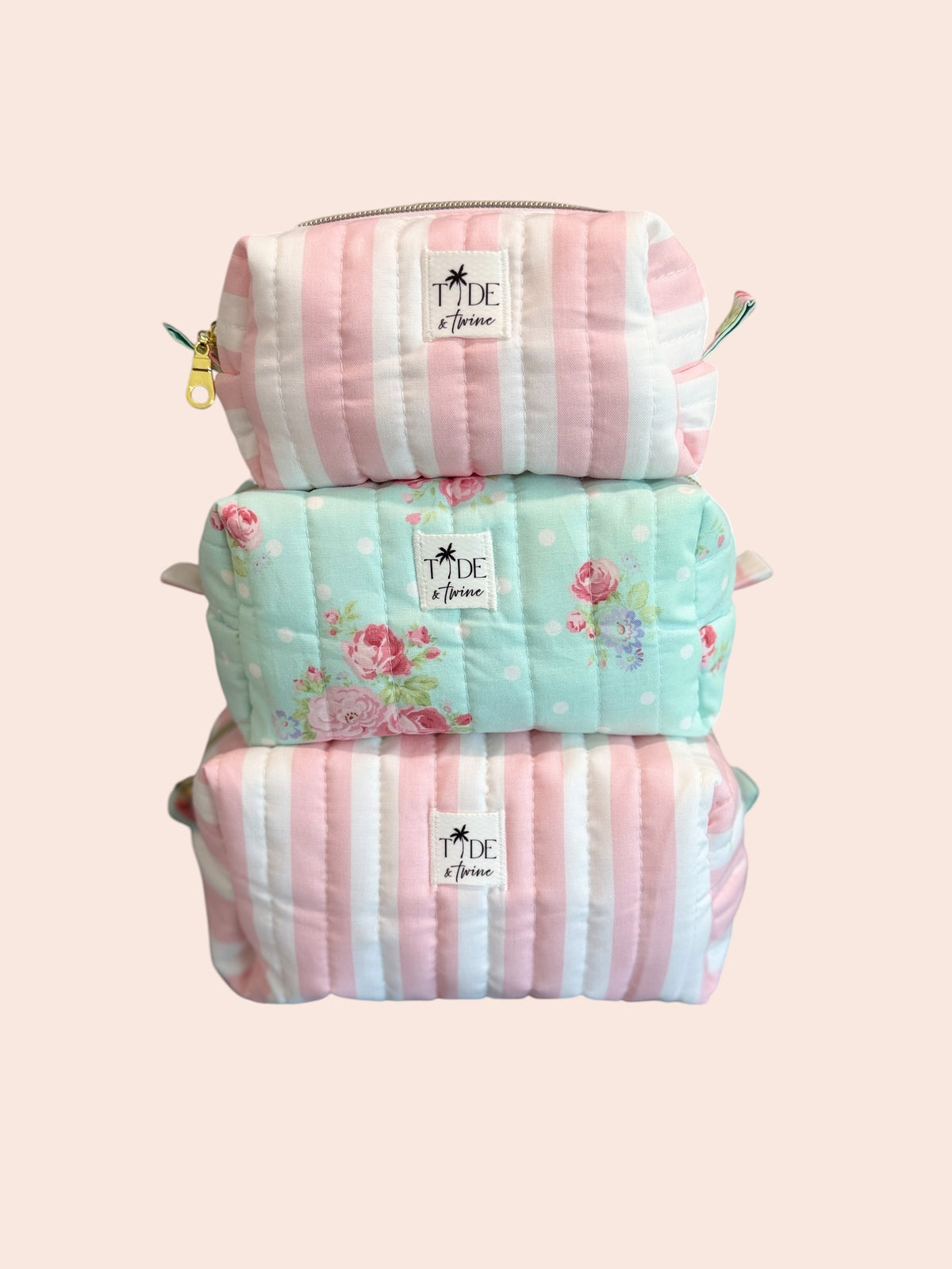 Quilted Pink Cabana Stripe and Dots N Roses Makeup Bag Gift Set