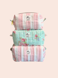 Quilted Pink Cabana Stripe and Dots N Roses Makeup Bag Gift Set