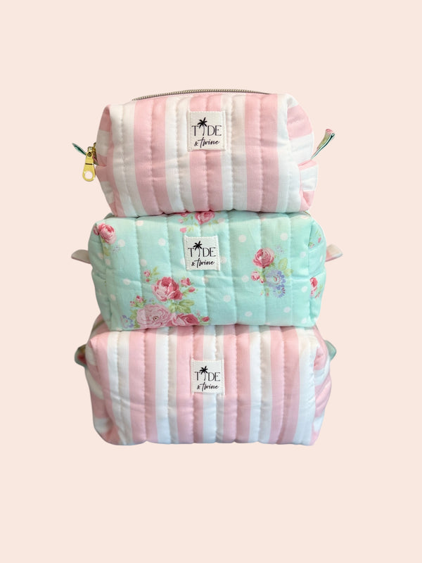 Quilted Pink Cabana Stripe and Dots N Roses Makeup Bag Gift Set
