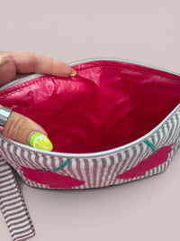 Clam Shell Bikini Bag on Steel Blue & White with Hot Pink