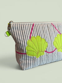 Clam Shell Bikini Bag on Steel Blue & White with Glo Green