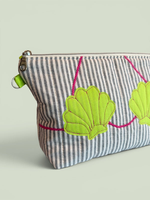 Clam Shell Bikini Bag on Steel Blue & White with Glo Green