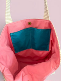 Large Quilted Tote w/ Fabric Appliquéd Bikini on Clothes Line on Natural & White Stripe