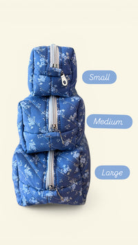 Quilted Blue Blossom Sprigs Makeup Bag