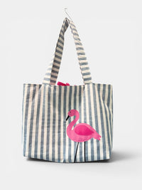 Large Quilted Tote w/ Fabric Appliquéd Flamingo on Navy Cabana Stripe