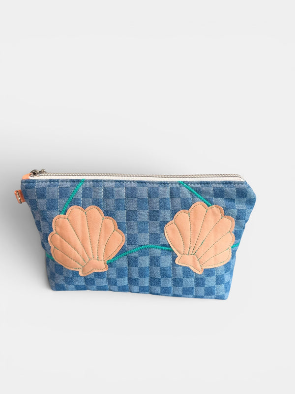 Clam Shell Bikini Bag on Checkerboard Denim with Apricot