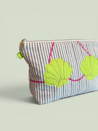 Clam Shell Bikini Bag on Steel Blue & White with Glo Green