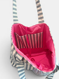Large Quilted Tote w/ Fabric Appliquéd Flamingo on Navy Cabana Stripe
