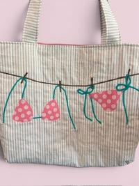 Large Quilted Tote w/ Fabric Appliquéd Bikini on Clothes Line on Natural & White Stripe