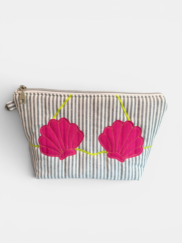 Clam Shell Bikini Bag on Steel Blue & White with Hot Pink