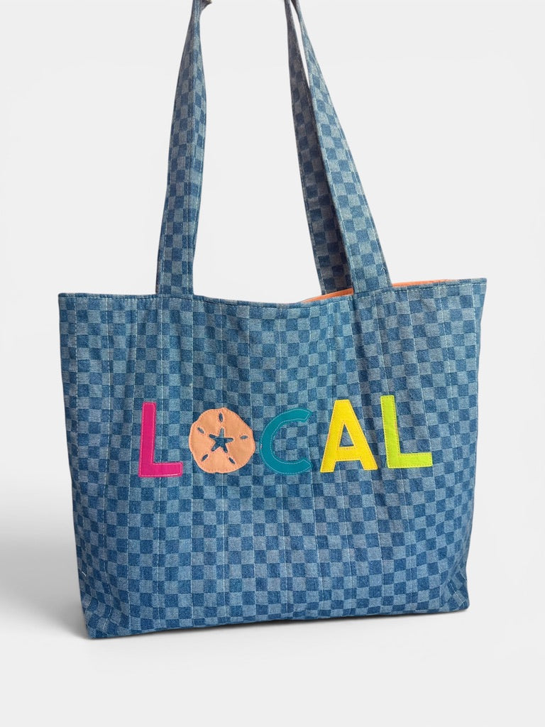 Large Quilted Tote w/ Fabric Appliquéd LOCAL on Checkerboard Denim