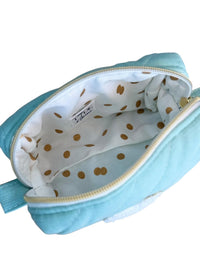 Quilted Makeup Bag | Personalized Padded Cotton Cosmetics Case | Gold Metallic | Chenille Varsity Letter | Travel Toiletry Pouch