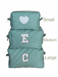 Quilted Makeup Bag | Personalized Padded Cotton Cosmetics Case | Gold Metallic | Chenille Varsity Letter | Travel Toiletry Pouch