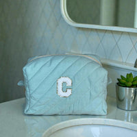 Quilted Makeup Bag | Personalized Padded Cotton Cosmetics Case | Gold Metallic | Chenille Varsity Letter | Travel Toiletry Pouch