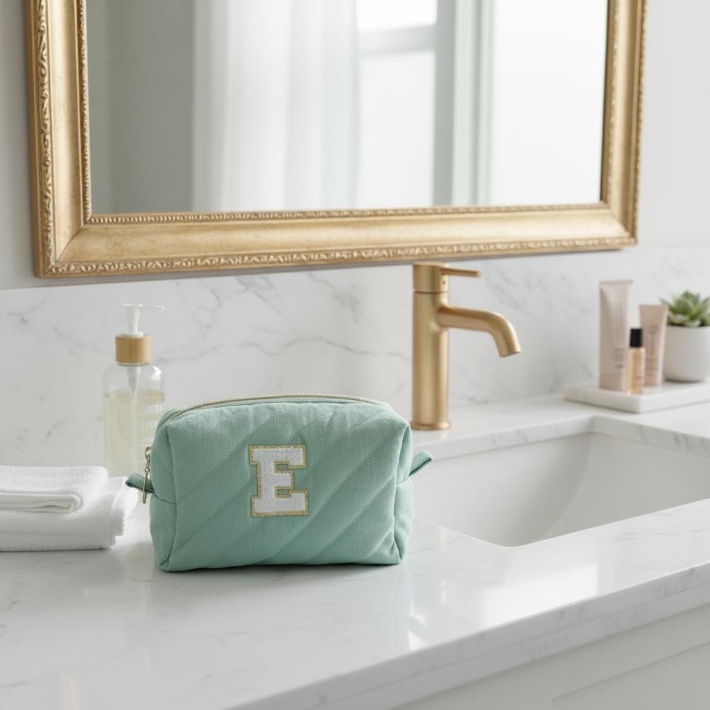 Quilted Makeup Bag | Personalized Padded Cotton Cosmetics Case | Gold Metallic | Chenille Varsity Letter | Travel Toiletry Pouch