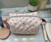 Handmade Quilted Makeup Bag | Pink Bows Travel Pouch | Zippered Toiletry Bag | Machine Washable