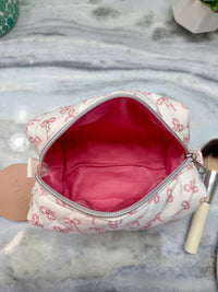 Handmade Quilted Makeup Bag | Pink Bows Travel Pouch | Zippered Toiletry Bag | Machine Washable