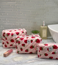 Handmade Quilted Strawberry Makeup Bag | Cotton Travel Pouch | Padded Cosmetics Case