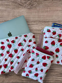 Handmade Quilted Book Sleeve w/ Keychain Strap | Strawberry Print Zippered Pouch