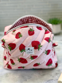 Handmade Quilted Strawberry Makeup Bag | Cotton Travel Pouch | Padded Cosmetics Case
