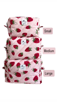 Handmade Quilted Strawberry Makeup Bag | Cotton Travel Pouch | Padded Cosmetics Case