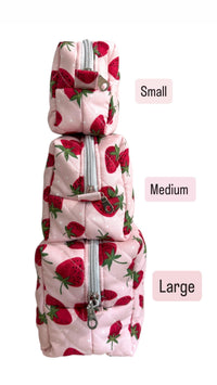 Handmade Quilted Strawberry Makeup Bag | Cotton Travel Pouch | Padded Cosmetics Case