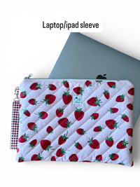 Quilted Strawberry Laptop Sleeve w/ Keychain Carrying Strap | Puffy Padded iPad Pouch (Machine Washable)